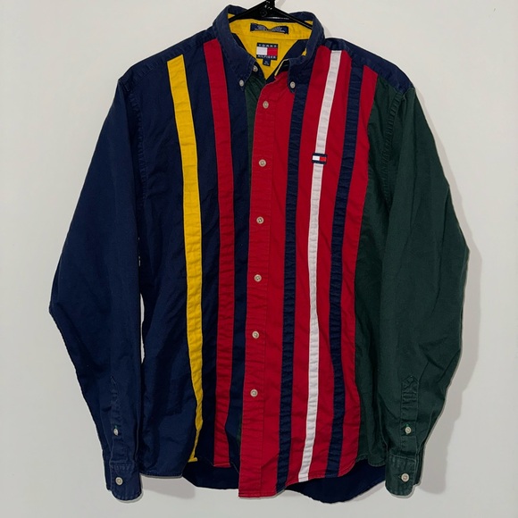 Vintage 90s Tommy Hilfiger Striped Multi Color Button Down Polo Shirt